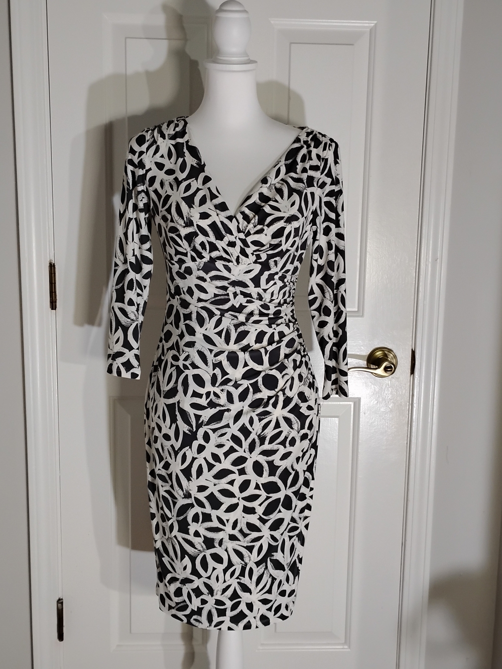 Ralph Lauren Black and White Floral-Print Wrap Midi Dress